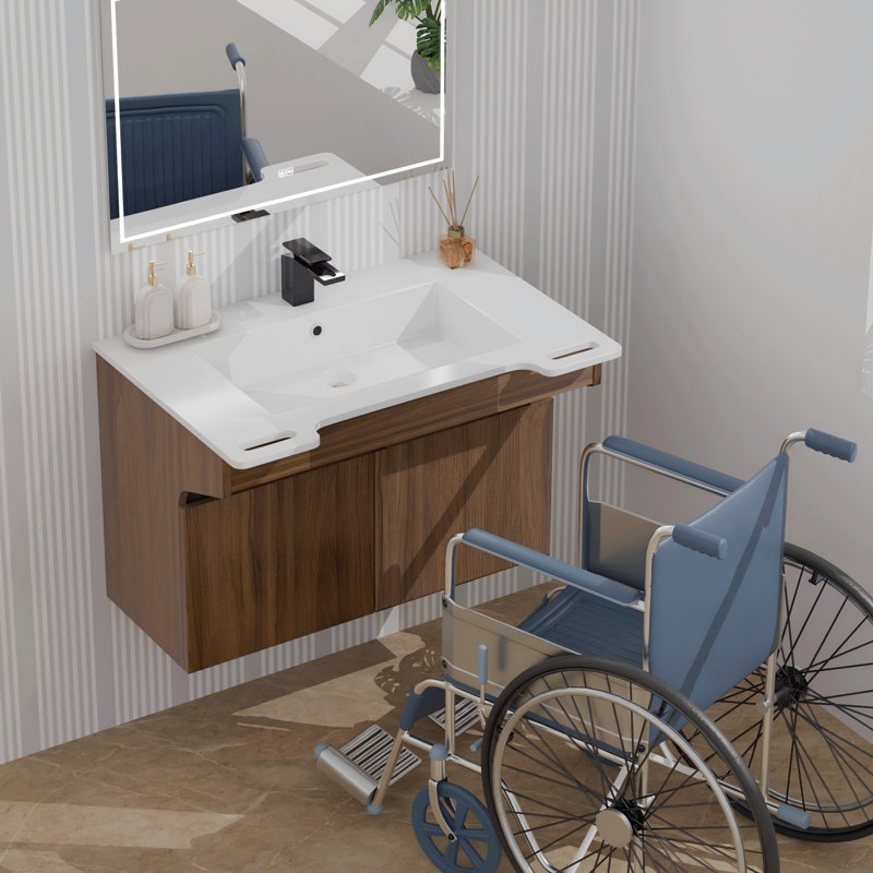 32" Wall-Mounted ADA Single Bathroom Vanity with Resin Sink and Side Handles, Walnut, Walnut