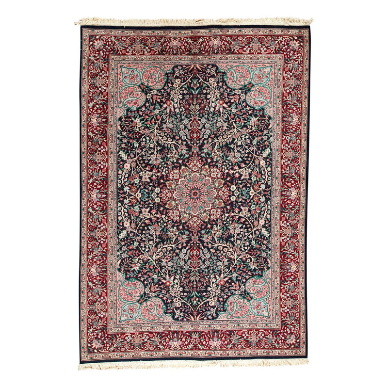 Tapis rouge / bleu marine en laine noué à la main de conception unique 6 pi x 9 pi