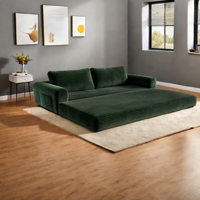 Canapés convertibles à compression avec rangement, 193 cm (76 pouces) en velours côtelé vert, style moderne.