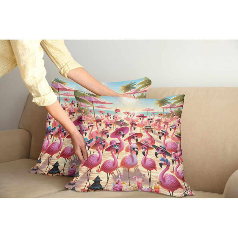 Pink Flamingo Beach Scene Microfiber Reversible Throw Pillow Set