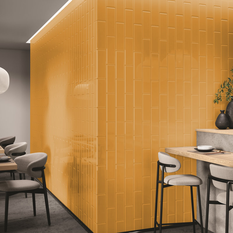 Pop Life 4"X12" Beveled Gloss Ceramic Wall Tile, Mustard