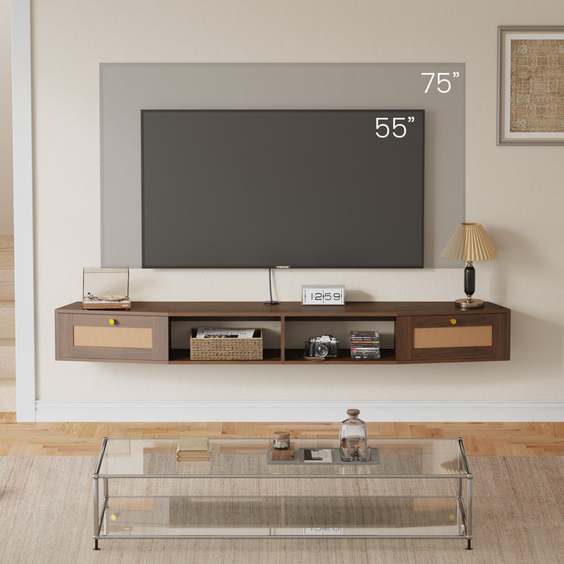 Floating Tv Cabinet With Rattan Drawer Door And Shelf, Wall Mounted Entertainment Center With Cable Management For Living Room, Bedroom, Walnut