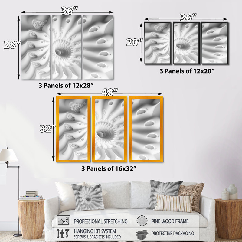 «White Fractal Spiraling V», reproduction sur toile 3 pièces, Cadre noir, H 28 po x l 36 po x P 1 po