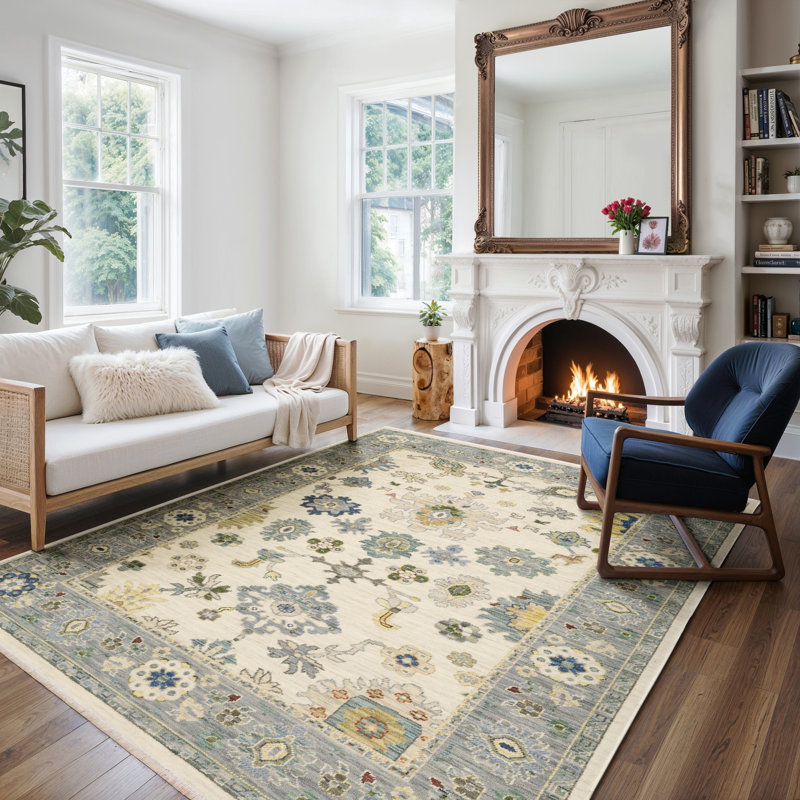 Tapis oriental en laine tissé à la machine Karns en bleu / gris / vert, Rectangle 7 pi 10 po x 10 pi 10 po