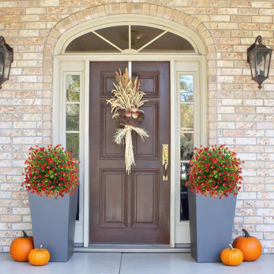 Fall Artificial Topiary Boxwood Rose Ball Trees with Ground Spike 23" Set of 2,UV Resistant Outdoor Faux Greenery Shrubs with Mums Flowers, Fake Plants Bush for Garden, Yard, Porch, Halloween Decor