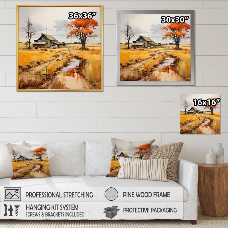 Orange Farm Autumn Landscape I - impressions sur toile de ferme, H 36 po x l 36 po x P 1,5 po, Cadre simple blanc