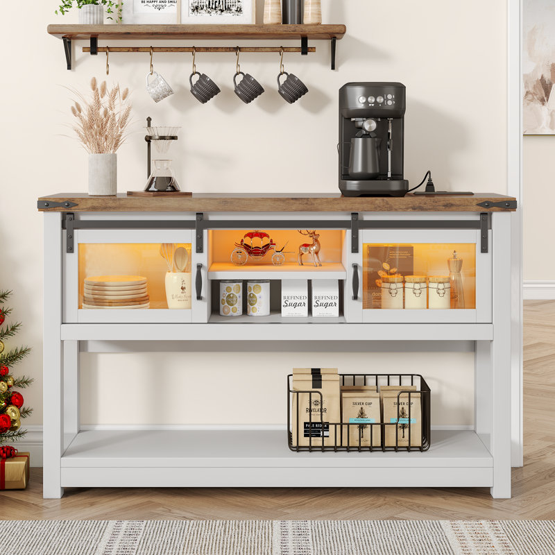 Farmhouse Coffee Bar With Storage,  Sofa Table With Sliding Barn Door White Coffee Buffet Cabinet With Charger Station, Console Table With Bottom Open Shelf, For Living Room