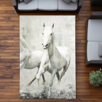 Two White Horse Running Gray Western Outdoor Area Rug | Home Decor