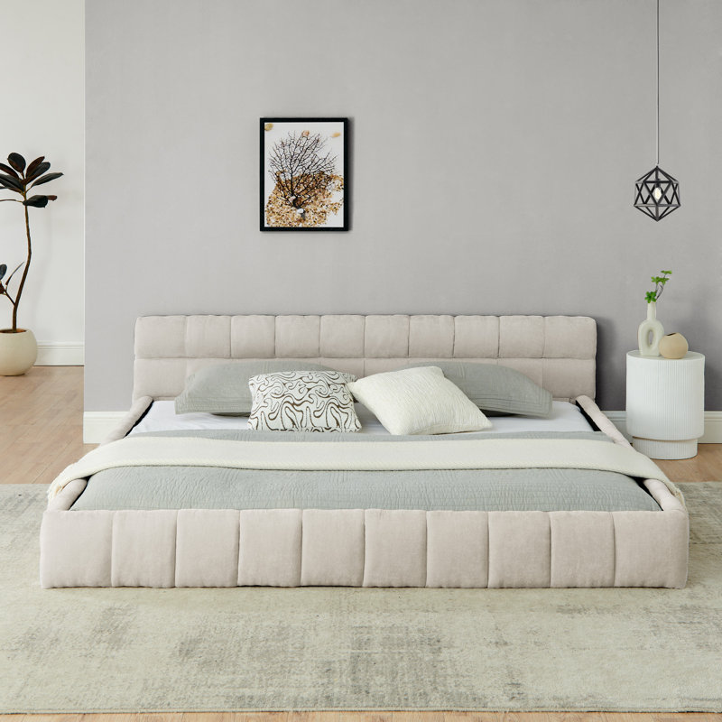 Structure de lit rembourrée avec tissu épais, Beige, Très grand lit