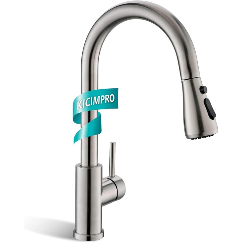 Robinet de cuisine avec pulvérisateur rétractable en nickel brossé, robinet d'évier à poignée simple à grande arche avec conduites d'eau, acier inoxydable commercial moderne