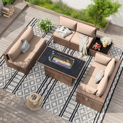 Babak Rattan Sectional Conversation Sets With Fire Pit Table, Coffee Table