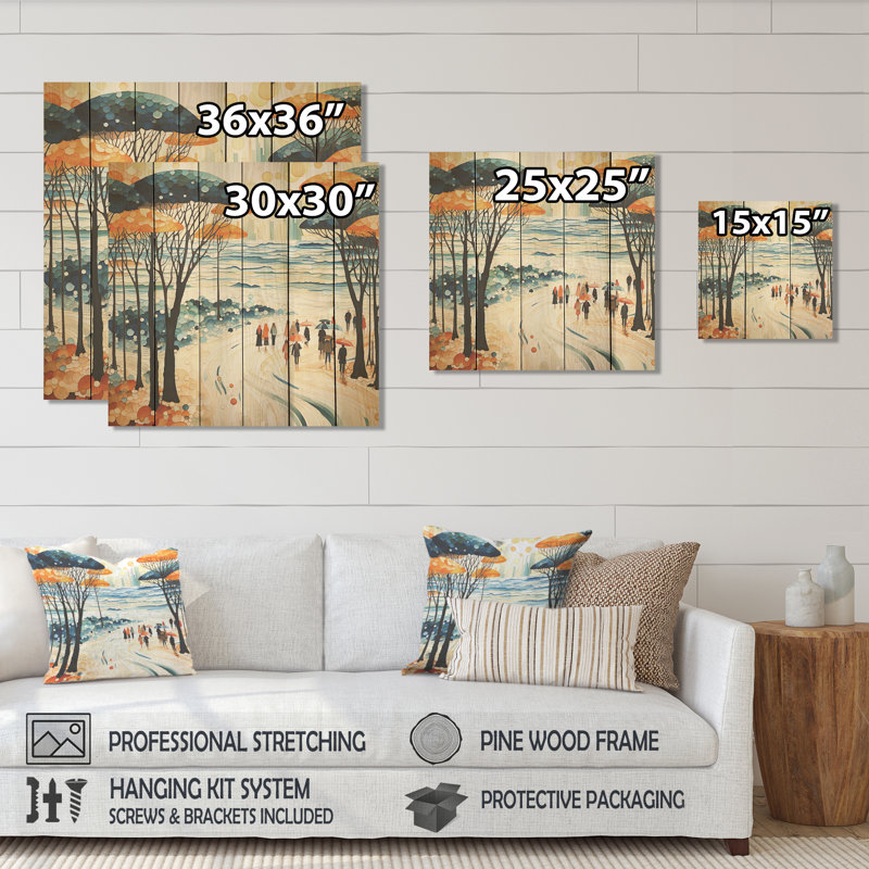 Beach Day Umbrella Parade I - Beach People On Wood Print, 15" H x 15" W