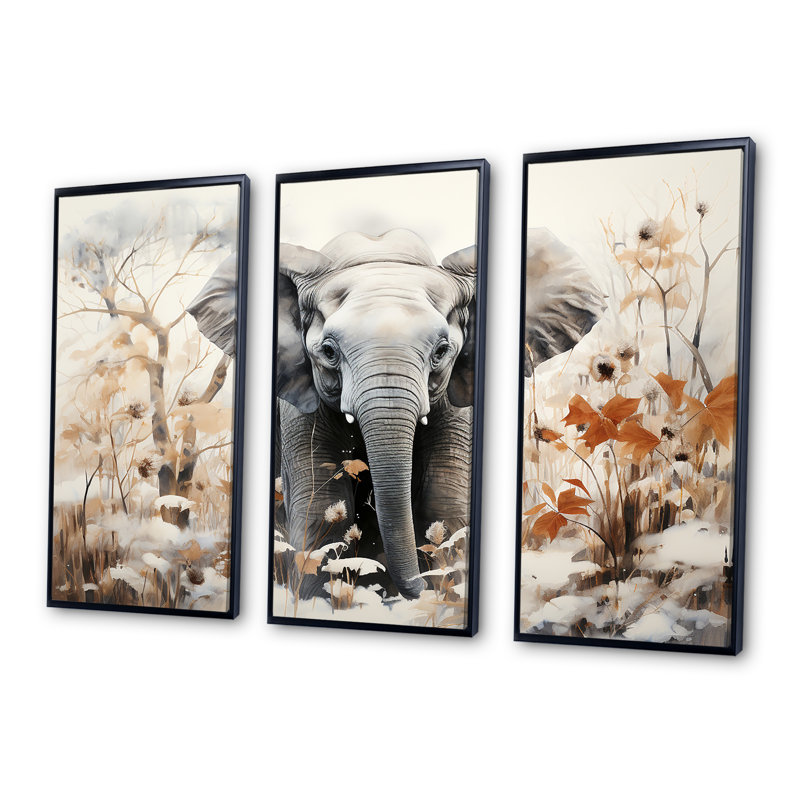 Éléphants bambou au pays des merveilles - Éléphant, art mural, Cadre flottant noir, H 32 po x l 48 po