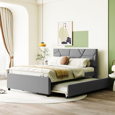 Upholstered Platform Bed With Comfortable Headboard & Twin Trundle In Gray Linen Fabric Brick And Pull-Out For Space Saving