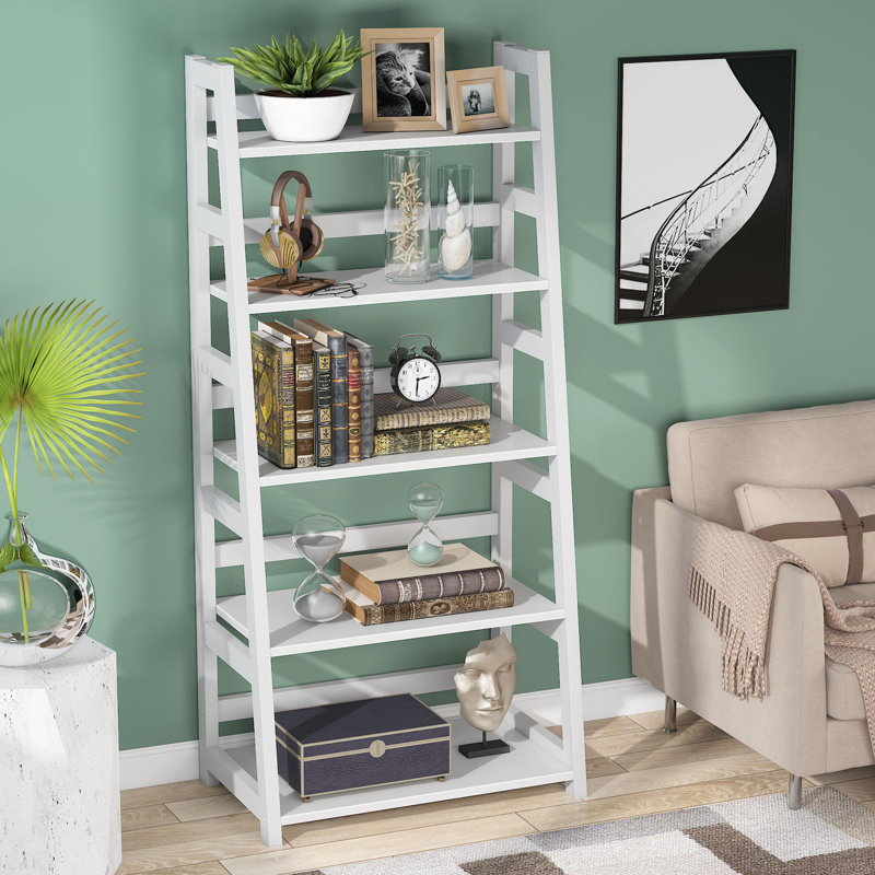5-Tier Bookshelf, Ladder Industrial-Style Shelving, Suitable for Living Rooms, Studies, and Offices, White