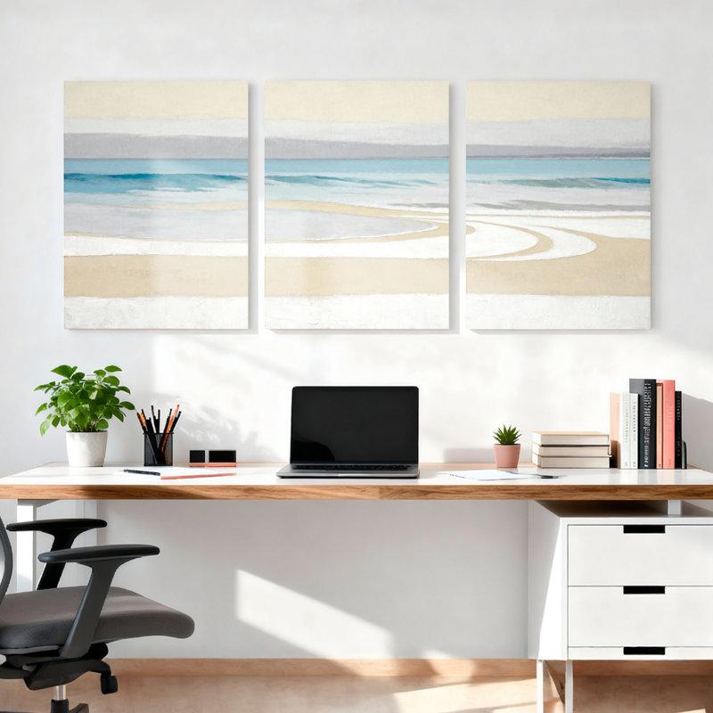 Ensemble de 3 tableaux abstraits sur toile représentant une scène de plage et des vagues océaniques., H 36 po x l 72 po