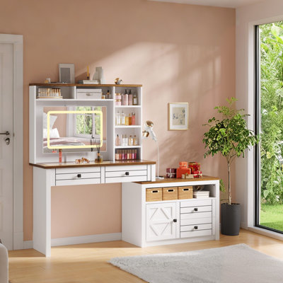 Vanity Mirror with Lights, Makeup Vanity Desk with 5 Drawers, 6 Open Storage Shelves, Large Extendable Dressing Table with Charging Station, Glass Top, Touch Screen Mirror, Antique White