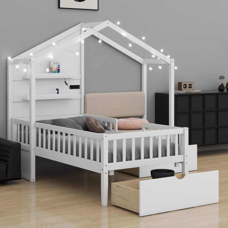 Lit maison avec canapé rembourré, lit maison avec station de charge, recharge sans fil, tablettes et deux tiroirs, Blanc