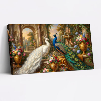 Peacock And White Peacock In Garden Oil Painting Print Canvas Wrapped Wall Art