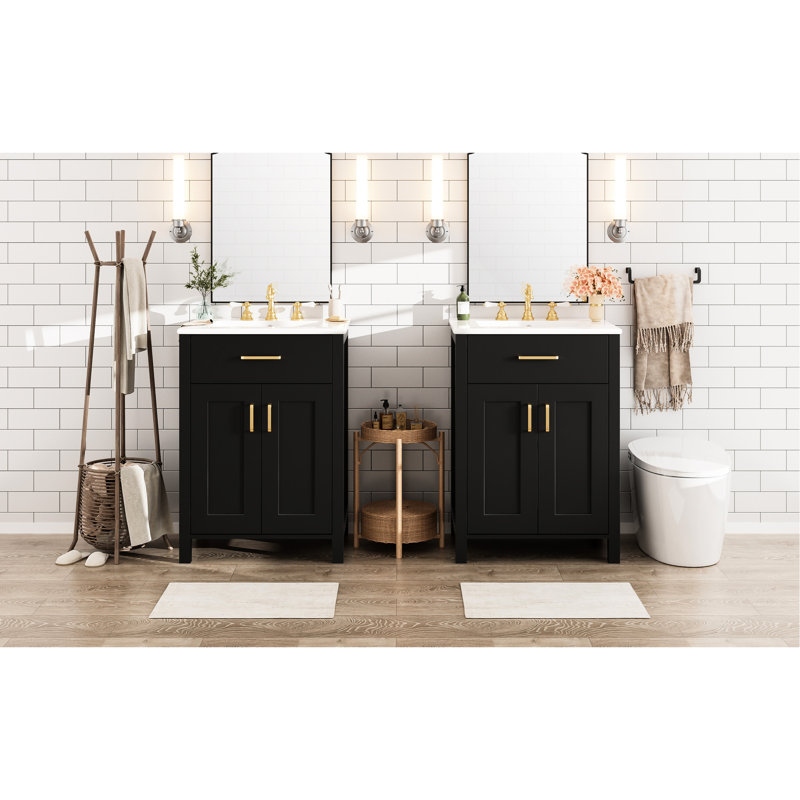 Meuble-lavabo moderne de 48 po avec lavabos doubles en céramique, système de porte à fermeture en douceur, tablette en forme de U et poignées élégantes pour une mise à niveau