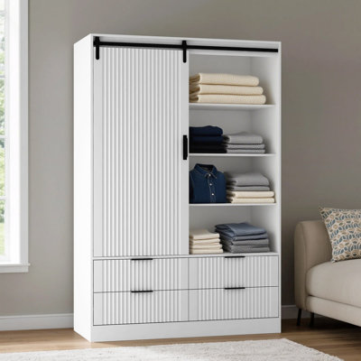 Armoire haute haute en bois avec 4 tiroirs, tablettes ouvertes et tringle