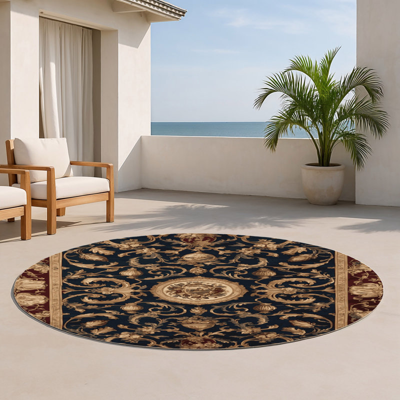 French Black Indoor and Outdoor Area Rug, Round 5'