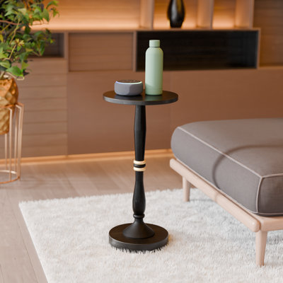 Solid Mango-Wood 12? Round Drink Table – Black Finish, 24 in. H, Sculptural Pedestal with Gold Accent, No-Tool 2-min Assembly – Sceptrum Accent / Mart by George Oliver