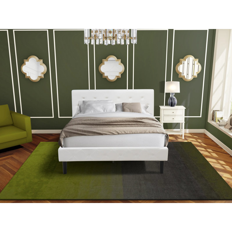 Ensemble de chambre à coucher moderne 2 pièces - Lit capitonné moderne - Tête de lit tapissier en tissu de velours blanc lin et table de chevet au fini crème au beurre brossé
