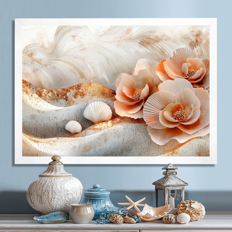 Coquillage blanc et paysage de plage marbré II - art mural bord de mer, H 24 po x l 32 po, Cadre simple, Blanc
