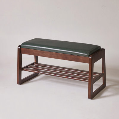 Wood Shoe Storage Bench 31.5" with Premium Vegan Leather Seat, Hidden Lift Top Storage Tiered Open Shoe Shelves, Sturdy Shoe Rack Bench for Entryway Bedroom