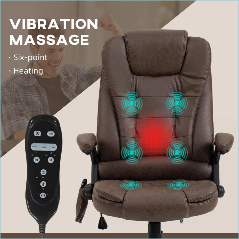 Massage Office Chair High Back Executive with 6 Point Vibration, Heat &amp; Reclining Microfiber Walnut Brown | Polyester