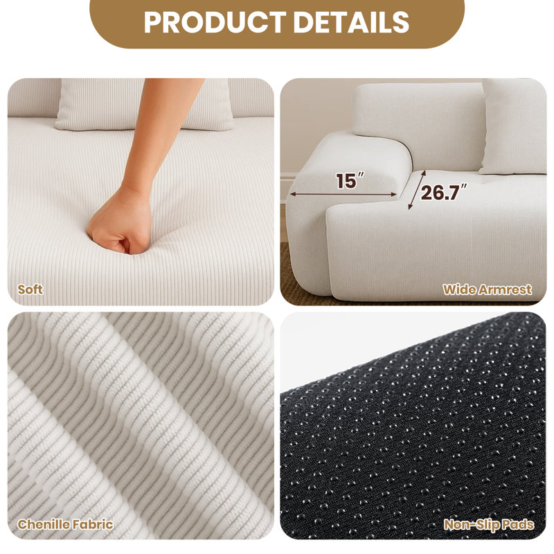 Canapé modulaire en forme de U de 157 po Fine-Wale, Velours côtelé blanc
