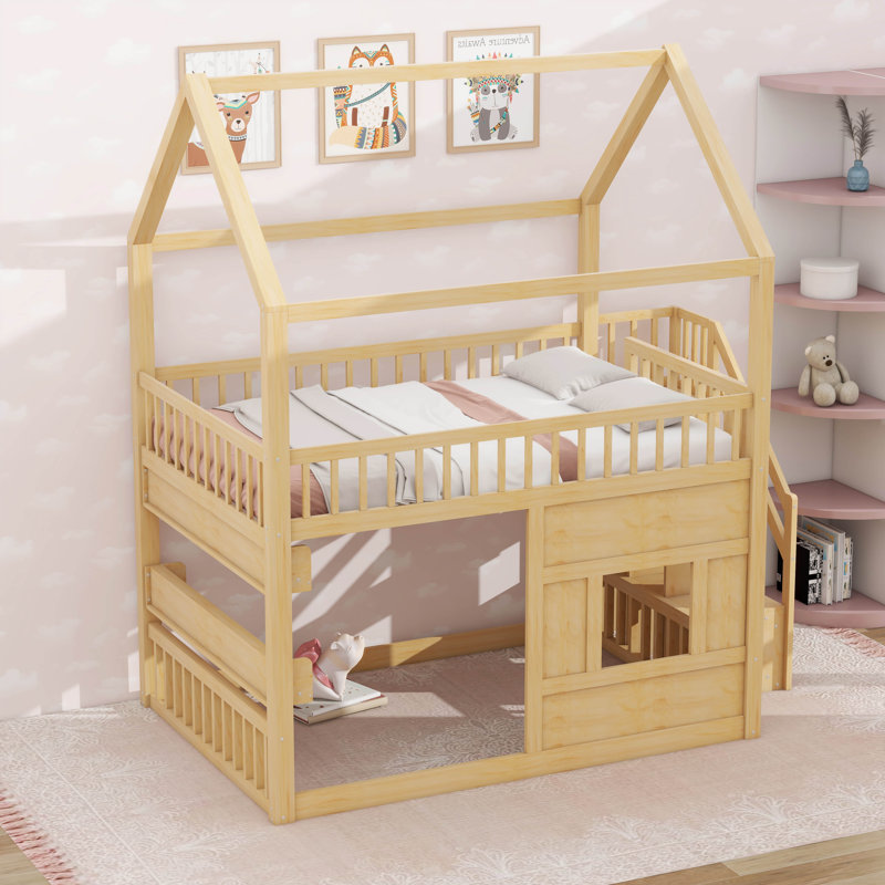 Lit mezzanine double avec lumières DEL, lit maison avec toit, fenêtre, Naturel