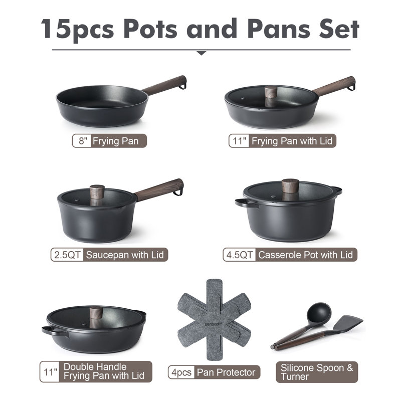 Ensemble de batterie de cuisine antiadhésif SENSARTE, allant au lave-vaisselle et au four, compatible avec l'induction, sans ajout de PFOA / PFOS, 15 pièces