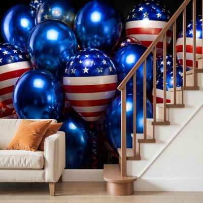 Peel and Stick Wallpaper Wall Mural Patriotic American Flag Balloons Red White Blue Stars Stripes Wall Art Self Adhesive and Removable