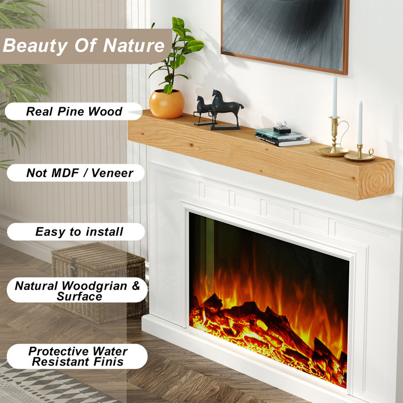 Fireplace Mantel, Wood Floating Fireplace Shelves, Wall Mounted Wooden Display Shelving, Natural Mantels Over Fireplace, 60"