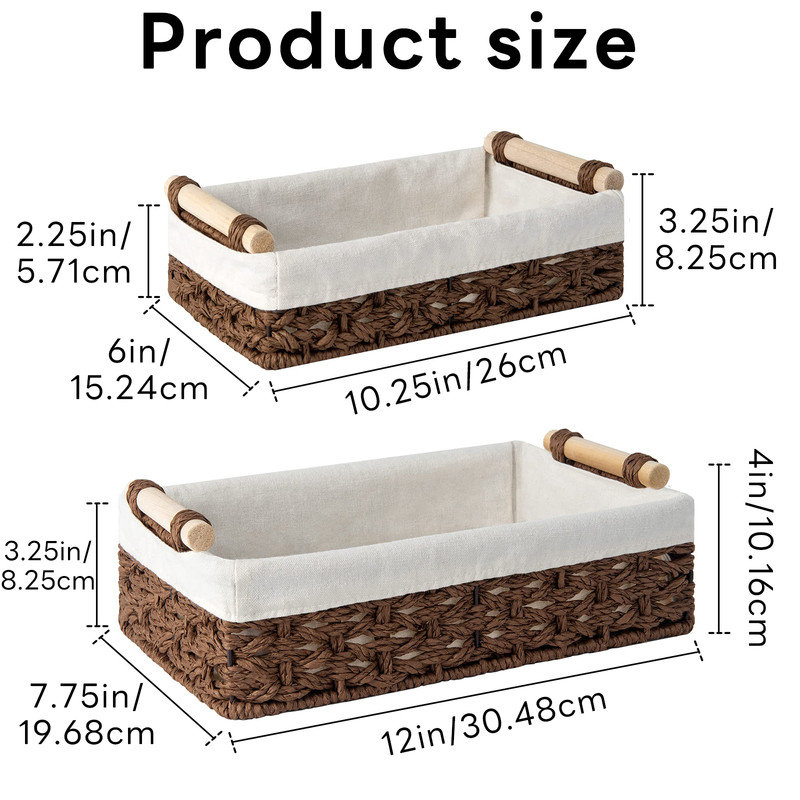 Small Wicker Baskets for Shelves,made of Natural Fiber,Storage Baskets used for Bathroom,Bedroom,Office,Set of 2, Brown