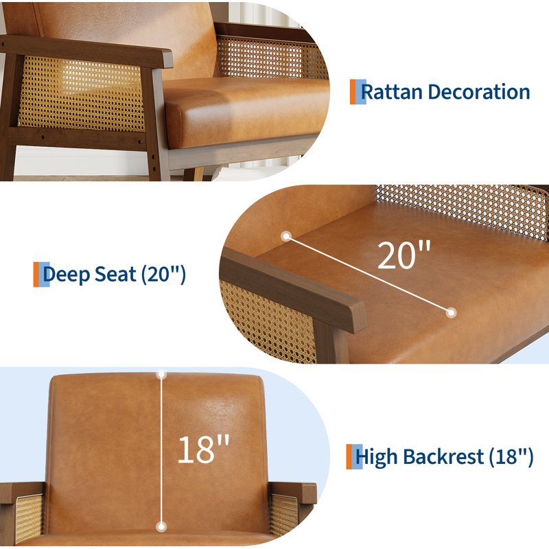 Méridienne moderne à haut dossier avec cadre en bois de polyuréthane et rotin, chaise d'appoint pour le salon ou la réception, brun