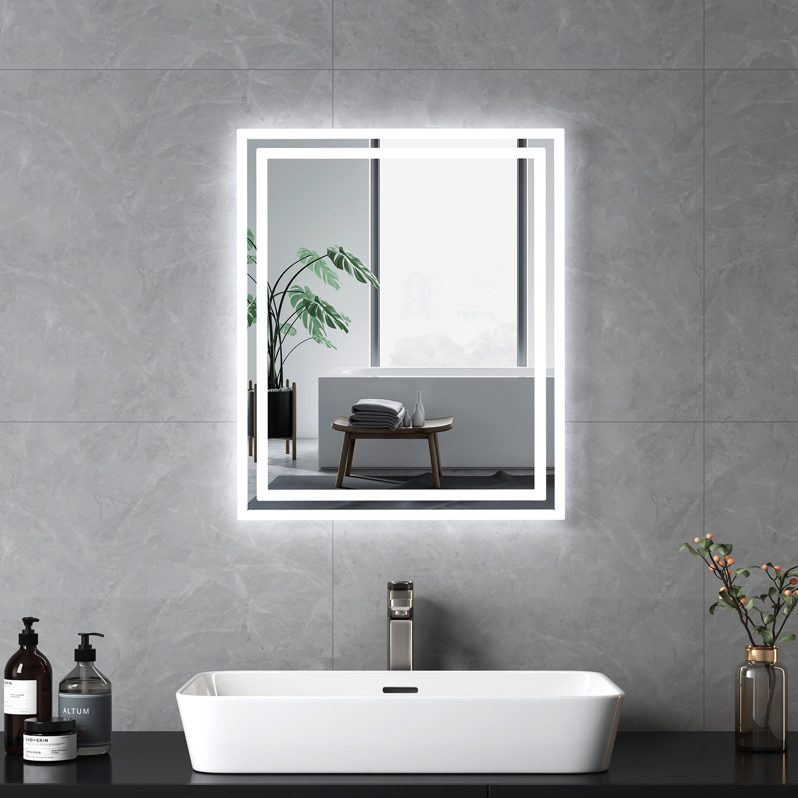 EMKE Badezimmerspiegel mit LED Beleuchtung Warmweißes Kaltesweißes Licht  Badspiegel beschlagfrei Touch