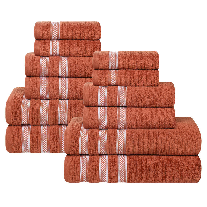 Ensemble de serviettes de bain 12 pièces à bordure géométrique en coton doux et très absorbant Orletta, Rouille