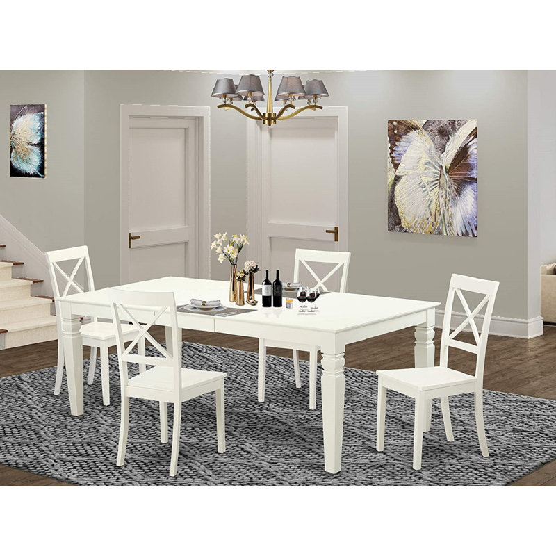 5 Piece Modern Dining Table Set Includes a Rectangle Wooden Table with Butterfly Leaf and 4 Kitchen Dining Chairs, Linen White