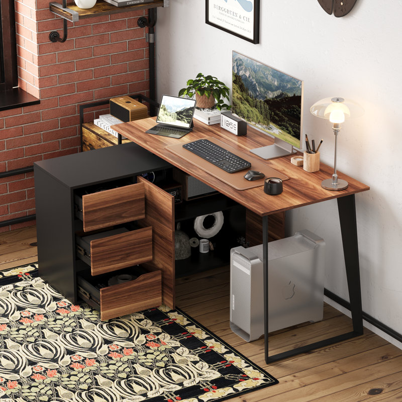 Bureau d'ordinateur en L 61,2 po avec 3 tiroirs, Noir