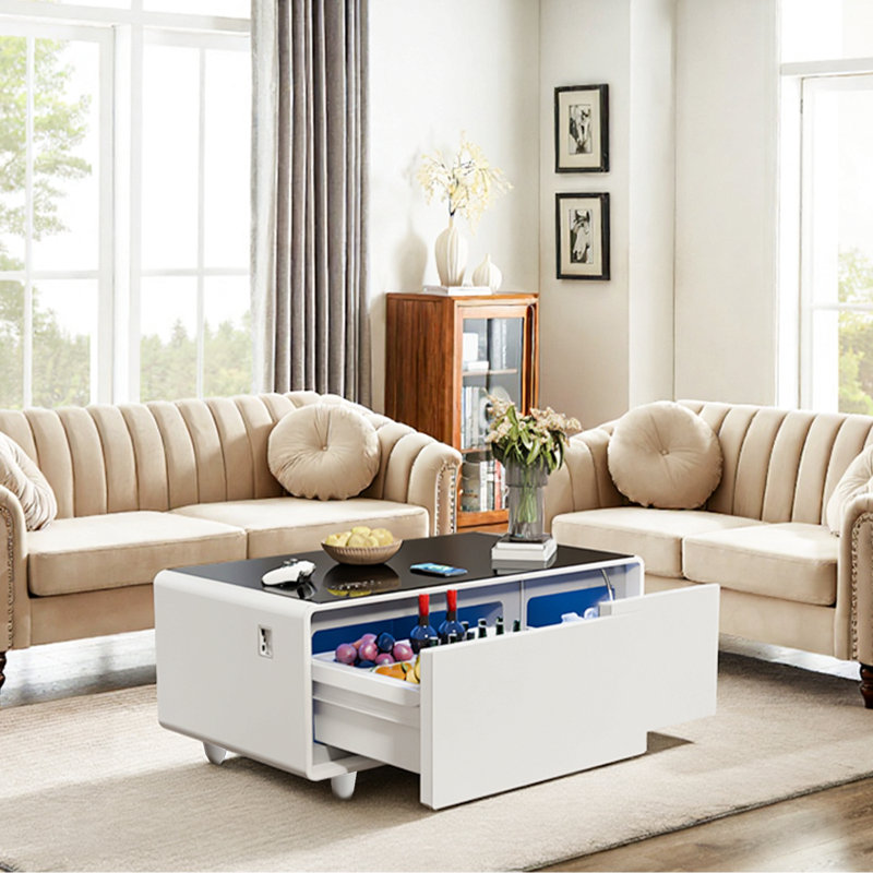 Table basse moderne et intelligente avec tiroirs intégrés pour réfrigérateur et congélateur, haut-parleur Bluetooth, chargement sans fil, panneau de commande tactile, ports USB, protection de prise, lumière d'ambiance