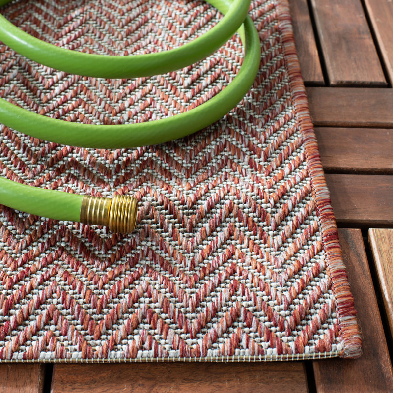 Tapis intérieur/extérieur Deycy Performance à chevrons, Rouge / Beige, Rond 10pi
