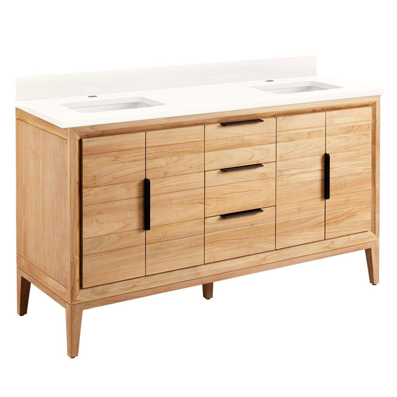 Meuble-lavabo double 60 po Aliso, Quartz blanc arctique, Monocentre centré, Teck naturel