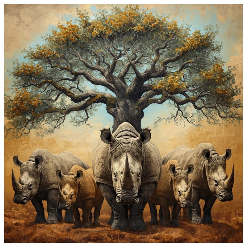 Coussins Rhinocerose Under Tree, 18 x 18 inches