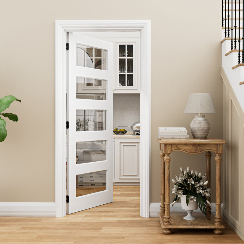 Intérieur: porte en verre transparent 5-Lite, porte pré-montée en panneau de fibres à densité moyenne CARB P2 avec verre trempé certifié SGCC, avec trousse de joint, bande d'étanchéité, charnières noires et ouverture à gauche, teinture pré-finie et facile à bricoler, garde-manger, chambre à coucher, salle de bain et garde-robe, 24 "x 80"
