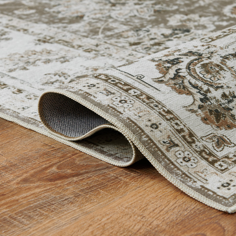 Floral Rug Vintage Botanical Print Distressed Taupe, Rectangle 6' x 9', Distressed Taupe