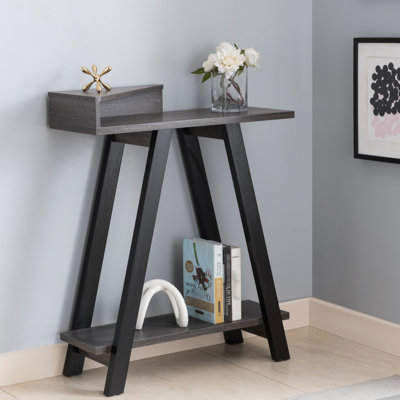 Console à deux tons - noir et gris, 2 tablettes, pieds en forme de A, surface spacieuse pour ornements, rangement supplémentaire en dessous, poids maximum de 10 lb par tablette, matériau de panneau de particules gris contemporain avec