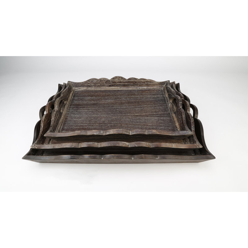 Kadence Scalloped Edge 3-Piece Serving Tray Set, Dark Brown